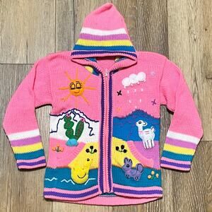 Isabella Mia Handmade Peru Alpaca Novelty Animal Hooded Cardigan Sweater 8 Pink